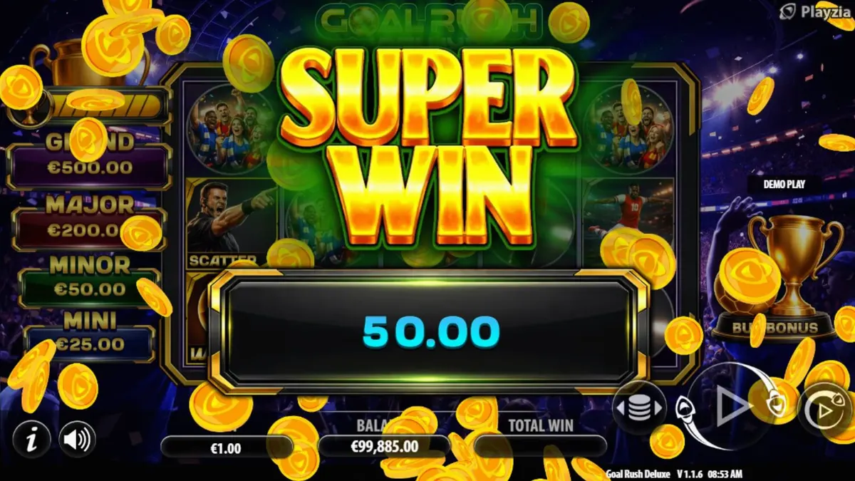Interface do jogo de slot Goal Rush Deluxe Hold and Win com tema de futebol