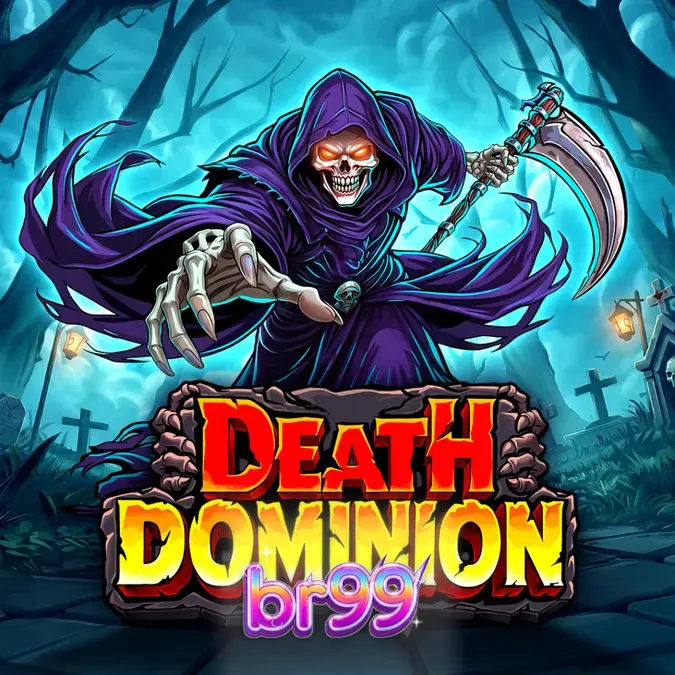 Interface visual sombria e gótica do slot Death Dominion com o Ceifador ao fundo